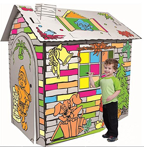 Littlefun Kinder Faltbare Karton Spielhaus Kit Kind Premium-Papier Spielhaus BAU Marker enthalten (Weihnachten Hütte)