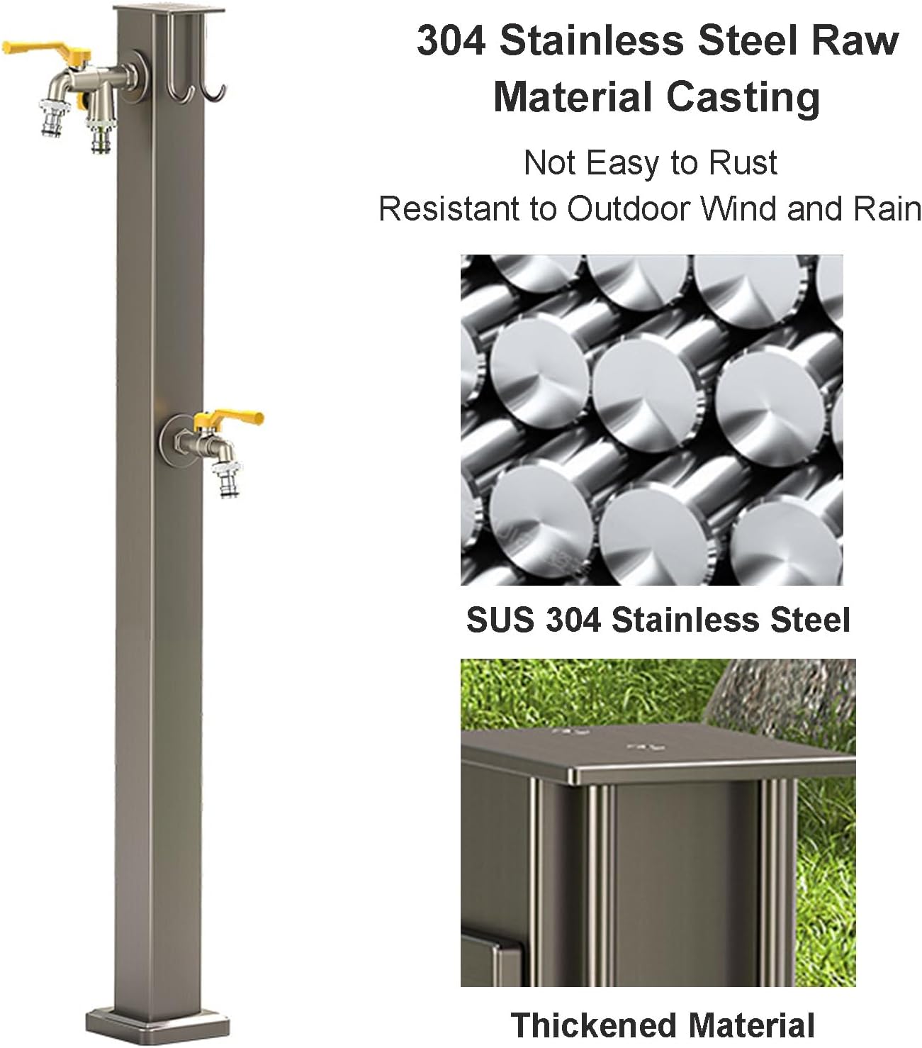 ステンレススチール製スクエアガーデンウォーターコラム、フックと蛇口2個付き立水栓、屋外中庭用不凍水栓柱、グレー
