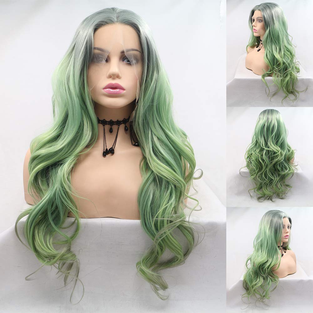 Karissa Ombre Grüne Mode Wasser Welle Synthetische Lace Front Perücken für Frauen Mittelteil Beste Glueless Hitzebeständige Hochzeit Billig Perücke Täglichen Make-Up 24 zoll