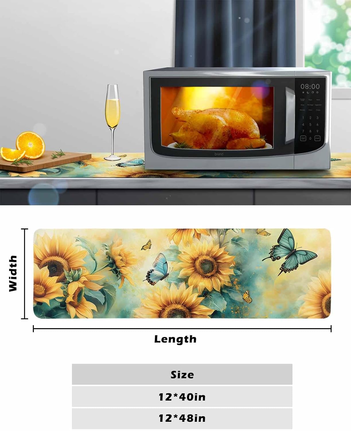 Sunflower Butterfly Heat Insulation Trivet & Table Runner Watercolor Green Yellow Painting Pastoral Hot Dishes Mat Table Protector Hot Pots Pans Pads Waterproof Placemats for Countertops 48x12 Inch