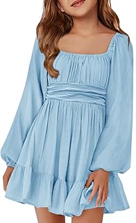Girls Long Sleeve Tie Back Dress Kids Fall Square Neck A-Line Mini Dresses 5-14 Years - Buy now