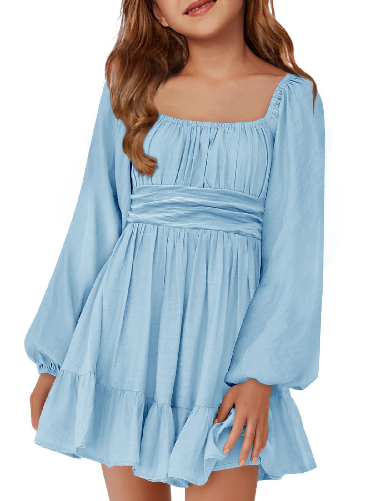Batermoon Girls Long Sleeve Tie Back Dress Kids Fall Square Neck A-Line Mini Dresses 5-14 Years