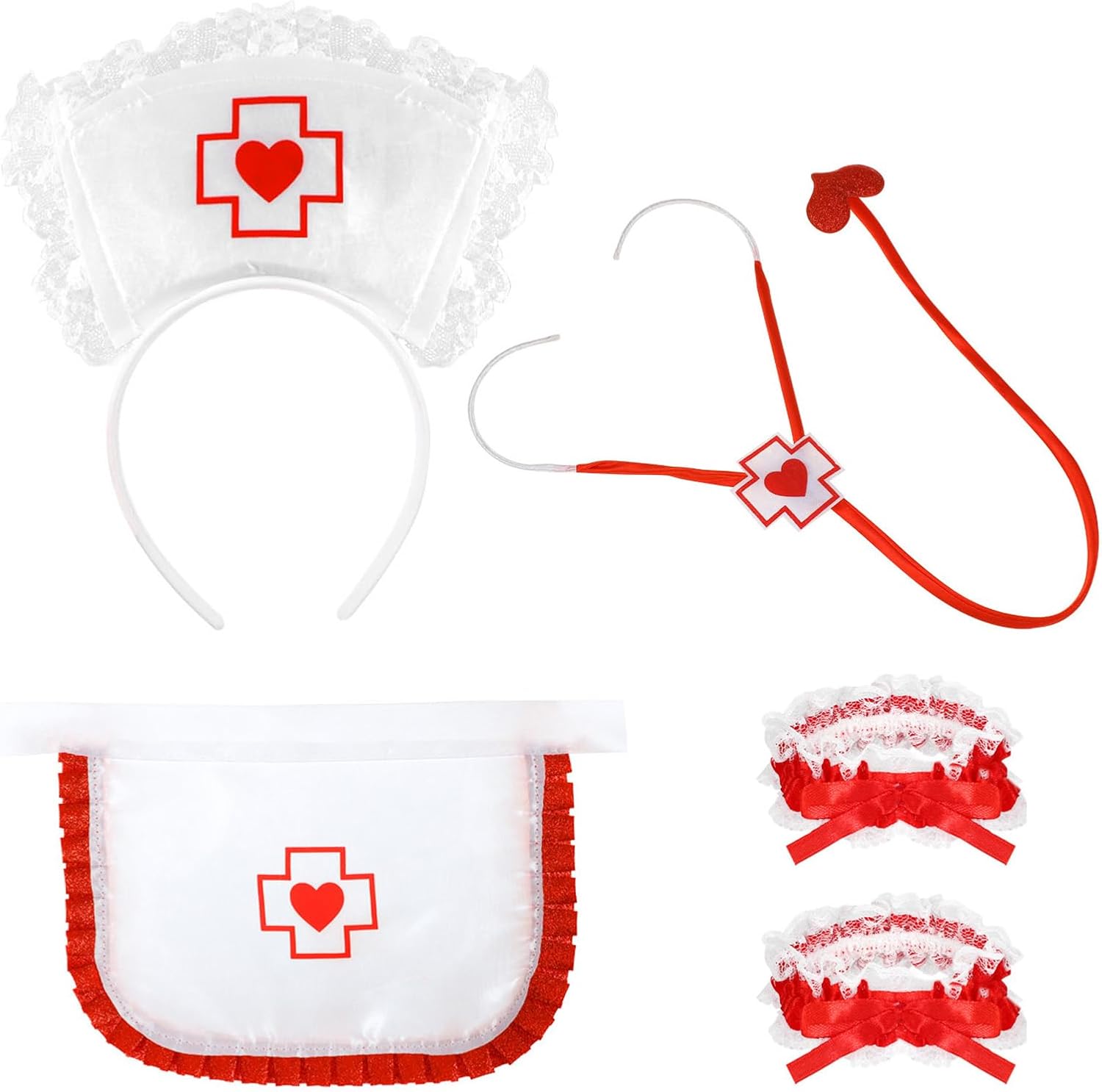 XEPST Nurse Costume Set for Women - 5PCS Nurse Costume Accessories Set with Hat Headband, Stethoscope, Apron, Lace Garters for Women Halloween Cosplay Carnival Birthday Fancy Dress Up Party