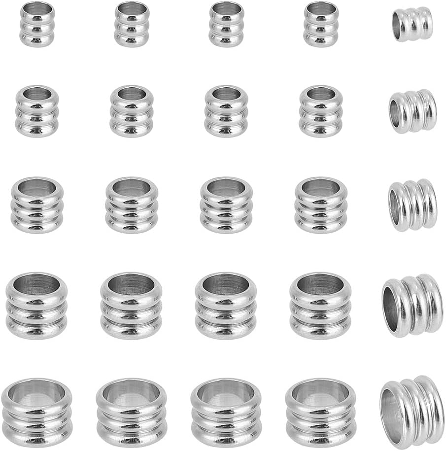 UNICRAFTALE 50pcs 5 Sizes 304 Stainless Steel Beads, 4/5/6/7/8mm Grooved Column Loose Beads, Metal Spacer Beads for Jewelry Making Findings DIY Crafts Accessories,About 3-6mm Hole