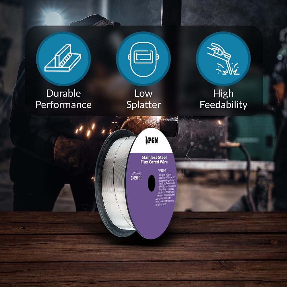 PGN - Alambre de soldadura MIG de acero inoxidable con núcleo de fundente – E308LFC-O 0.030 pulgadas – Bobina de 2 libras – Alambre MIG sin gas para reducir salpicaduras y mejor resistencia a la
