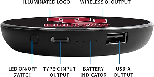 Miniatura 3 de Cargador inalámbrico de la Universidad de Oklahoma con logotipo iluminado Boomer Sooner y banco de energía integrado con licencia oficial colegial,