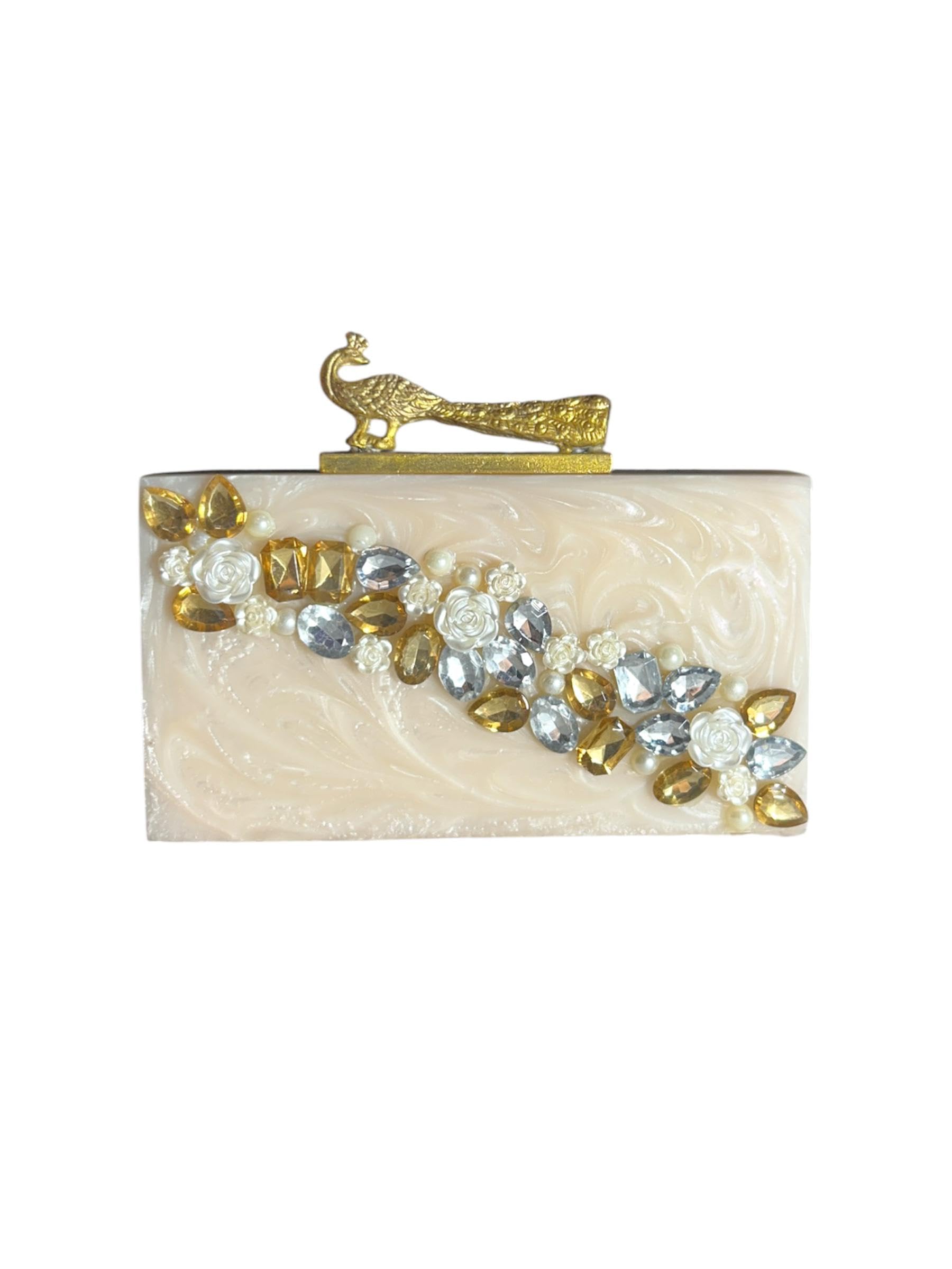 Elegant Resin Clutch Bag with Gold Peacock Knob & Handcrafted Stone Work – Evening Purse for Women-image-22