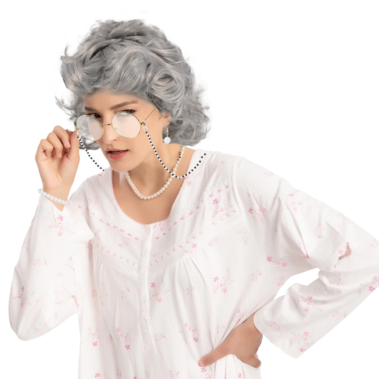 TSHAOUN 7 Pièces Ensemble Costume Grand-mère Cosplay - Perruque Grise, Lunettes Et Accessoires