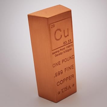 1 Pound Copper Bar Ingot Paperweight - 999 Pure Chemistry Element Design with Certificate of Authenticity by Mint State Gold