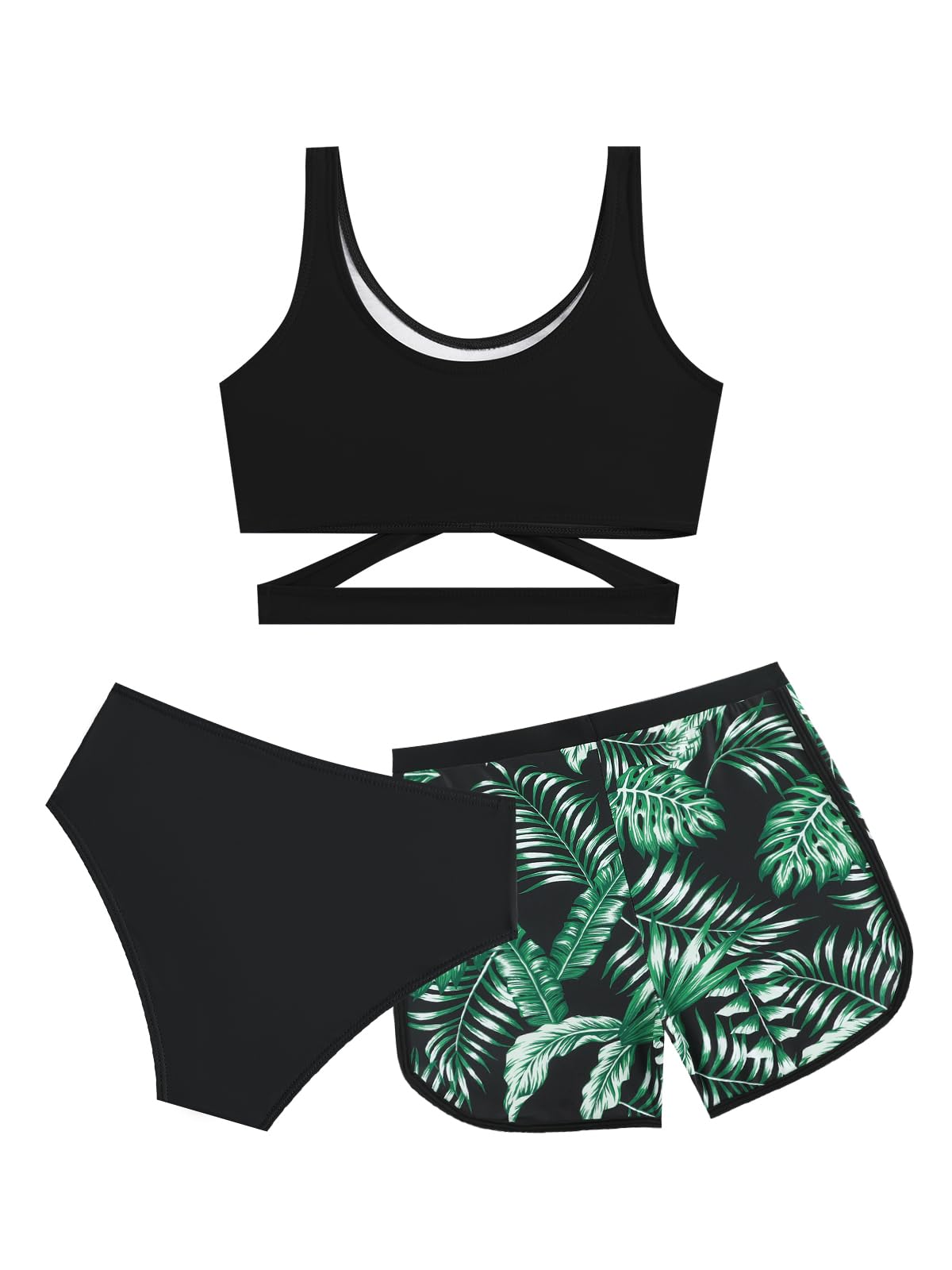 Mädchen Bikini Set 3-teilig mit Badeshorts, Kreuz-Badeanzug für Teenager & Kinder, Modische Badebekleidung für Strand und Pool, 9-14 Jahre (128,134,140,146,152,158,164)