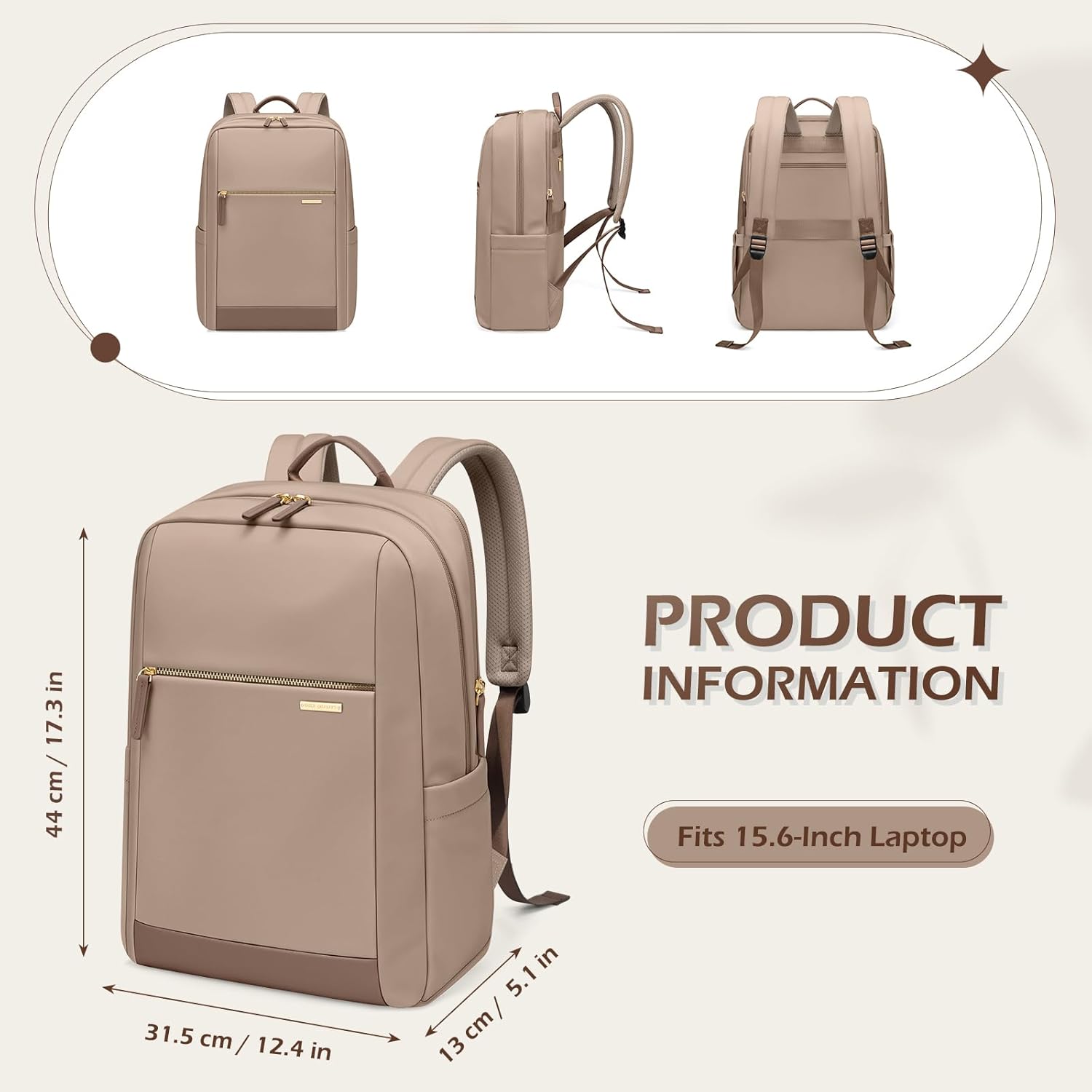 Laptop Backpack for Women - Business Travel Anti Theft Laptop Bag Backpack Water Resistant College Computer Backpacks for Men Women Fits 15.6 Inch Notebook (Brown) - Image 2