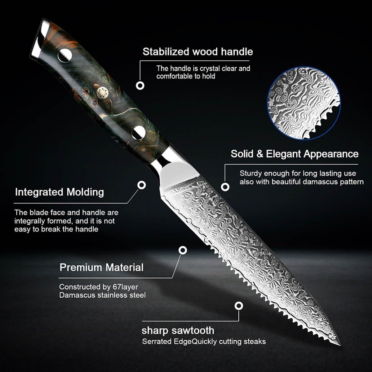 Damascus Steak Knives Set of 6 Damascus VG-10 Stainless Steel Steak Knife Set, Chef's Meat Cutting Knife Set, Razor Sharp Serrated Stainless Steel & Resin Handle