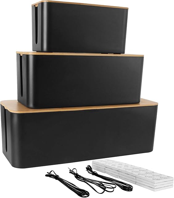 STARVAST Cable Management Box with Wooden Lid | Set of 3 Black Large Desk Cable Tidy Box | Large TV Cable Wire Extension Box Organiser Wire Tidy for Home Office | Large, Medium, Small