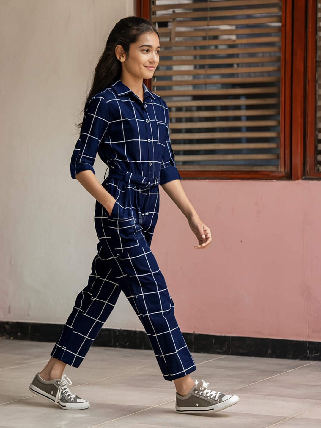 Naughty Ninos Girls Navy Blue Checkered Printed Jumpsuit (Nn01034Drs_6-7 Years)