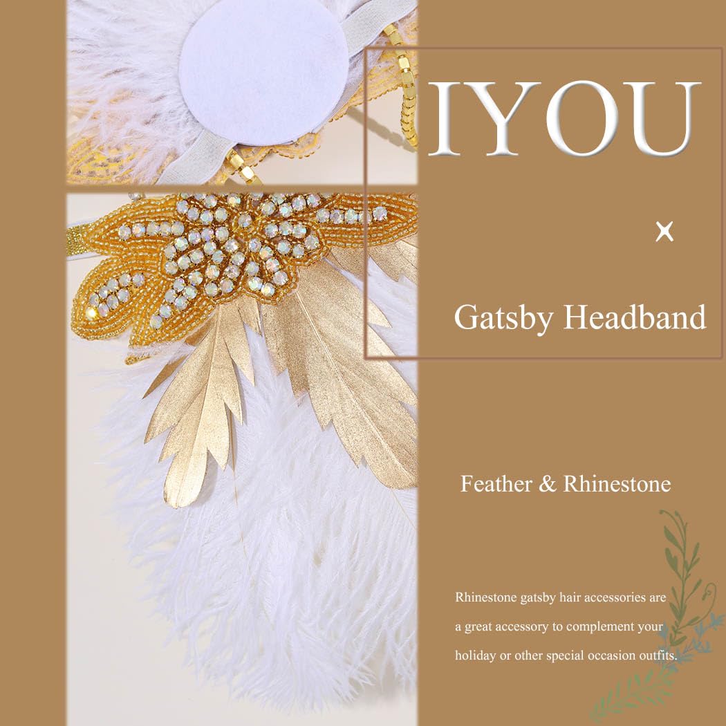 IYOU 1920 Flapper Headpiece Gold Feather Gatsby Headband Vintage Rhinestone Prom Costume Wedding Hair Accessories for Women - Image 3