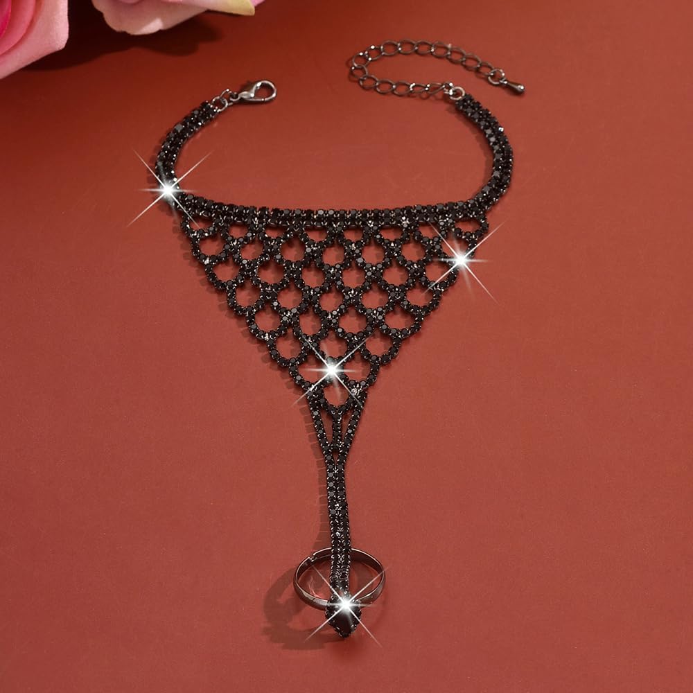 Women Bridal Silver Black Rhinestone Hand Harness Sparkle Crystal Silver Shiny Finger Ring Bracelets Full Hand Link Bracelets Hand Chain Bracelets Accessories for Women image 3