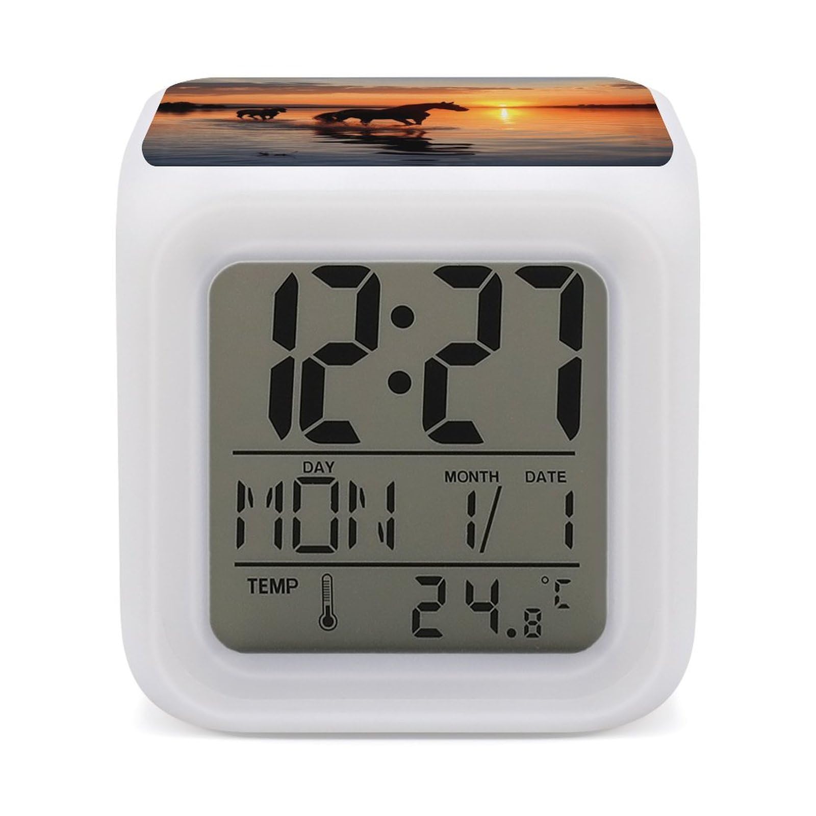JTREHY Sunsets Lake Horses Alarm Clock Seven Color Night Light Digital Clock Precision Reliable Alarms Clocks for Bedroom Heavy Sleepers Adults Gift for Men and Women