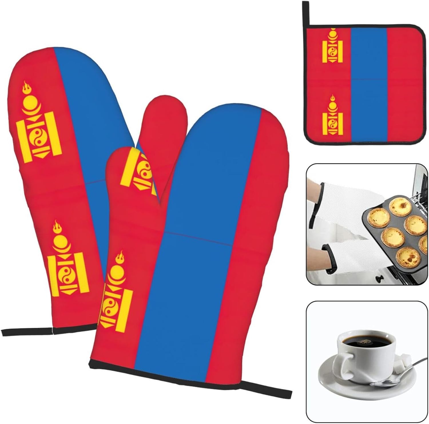 Mongolian Flag Print Heat Resistant Microwave Gloves, Used for Baking, Cooking, and Fashion Kitchen Essentials