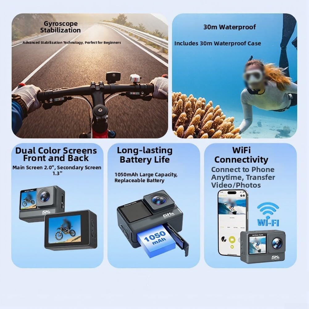 per 5k Action Camera Stabilizzazione EIS Compact ABS Grigio per | per risoluzione 5k, tecnologia EIS, video fluido, design compatto, finitura grigia, pronto per esterni