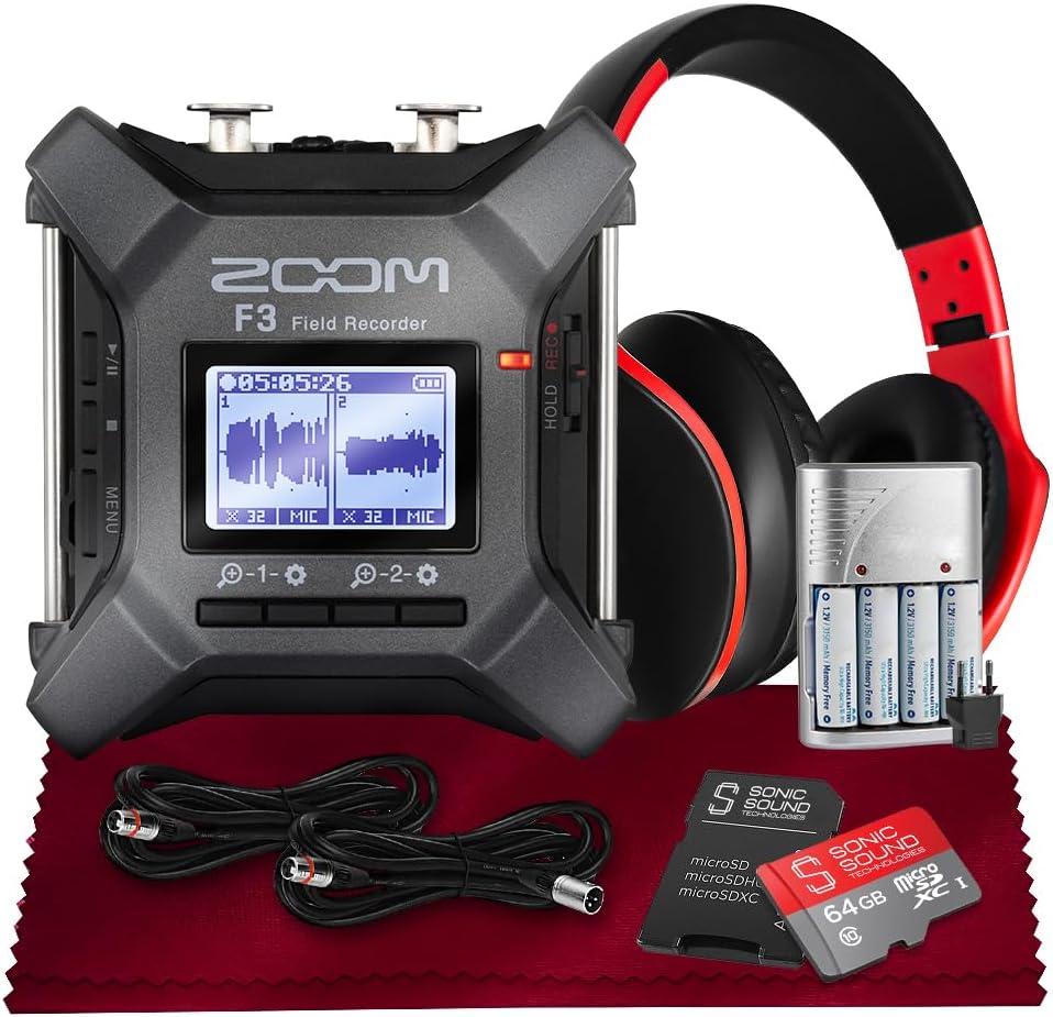 Zoom F3 Professional Field Recorder, 32-bit Float Recording, Dual A/D Converters, 2 XLR/TRS Inputs with Rechargeable Batteries, 2 XLR Cables, 64GB MicroSD & Headphone w/Built-In Microphone