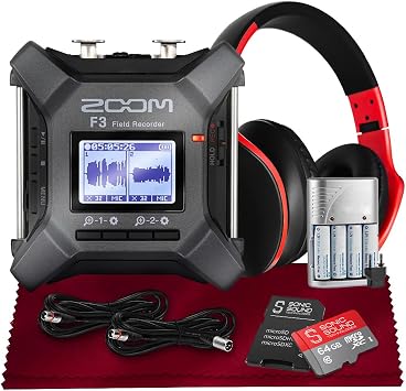 Zoom F3 Professional Field Recorder, 32-bit Float Recording, Dual A/D Converters, 2 XLR/TRS Inputs with Rechargeable Batteries, 2 XLR Cables, 64GB MicroSD & Headphone w/Built-In Microphone