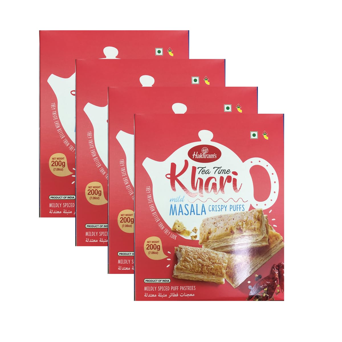 Haldiram’s Savory Snacks – Easy to Carry Anywhere – Indian Namkeen Snacks – Crispy Puffs Flaky Biscuits - Tea-Time Companion Cookies Crackers (Haldiram Khari Masala Puff, Pack of 4)