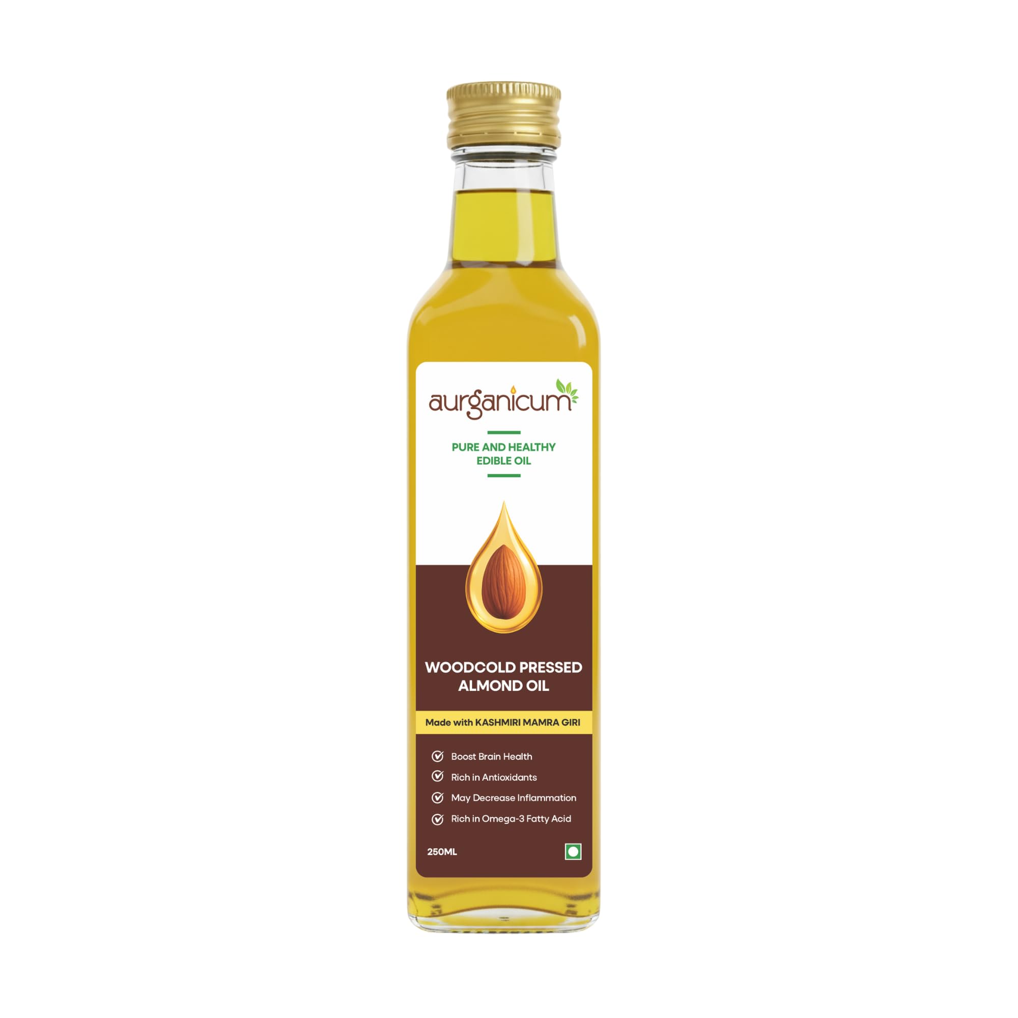 Aurganicum Wood Pressed Sweet Almond Oil (Badam Rogan) 250ml | Cold Pressed Kashmiri Mamra Badam Oil | 100% Pure Edible Oil for Skin, Hair, Baby Massage & Drinking | Glass Bottle