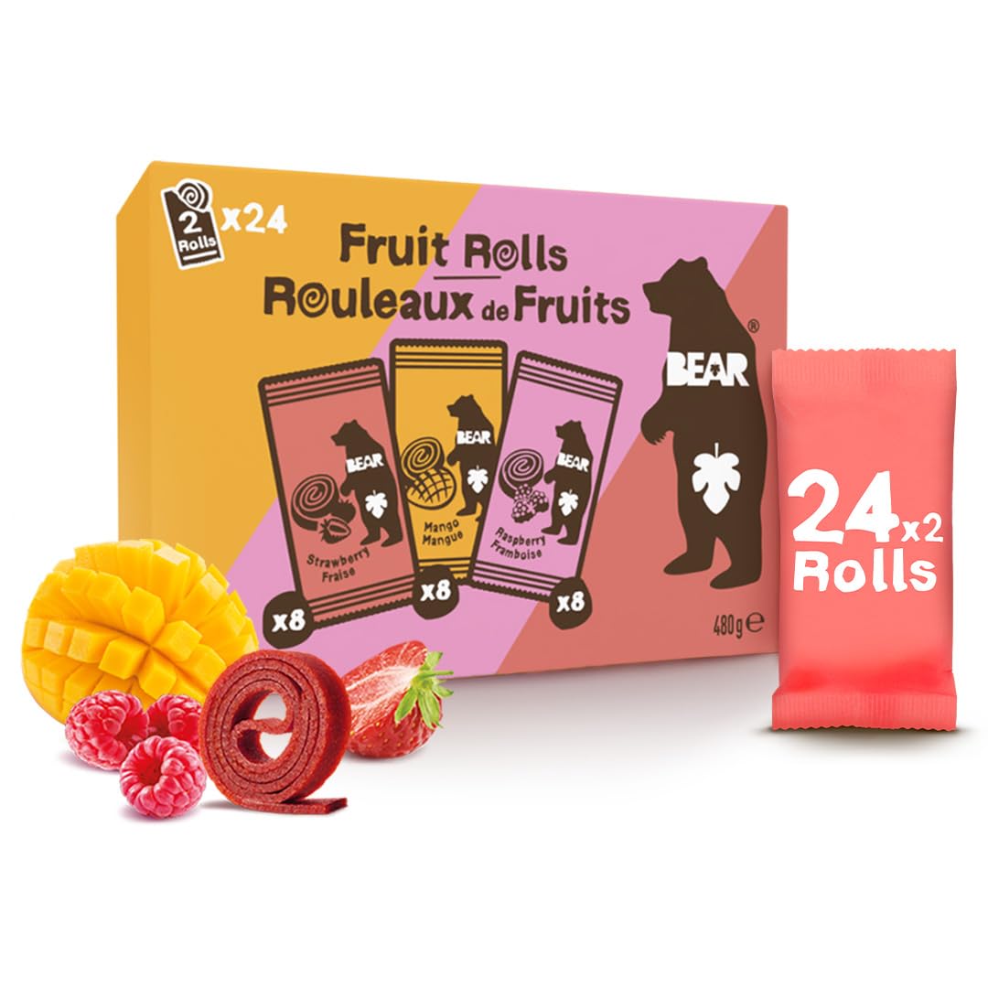 BEAR Fruit Rolls Strawberry & Raspberry & Mango Variety| 100% Natural Ingredients | No added sugar | Healthy School And Lunch Snacks For Kids And Adults | 24 x 20g