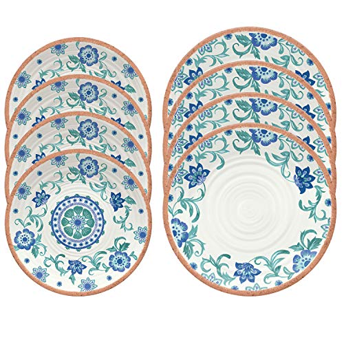 Auntie Morags Turquoise Floral Outdoor/Camping/BBQ - Plastic/Melamine 4 Piece Dinner & Side Plates (8)