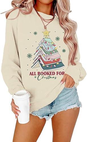 BEIDEFY Book Christmas Tree Sweatshirt for Women - Long Sleeve Librarian Holiday
