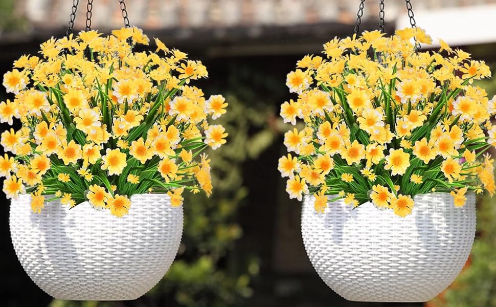 4PCS Artificial Daisy Flowers Outdoor Spring Summer Decoration UV Resistant Fake Flowers Faux Plastic Greenery Shrub Plant Indoor Outside Hanging Garden Home Porch Wedding Party Decor (Yellow) - Image 2