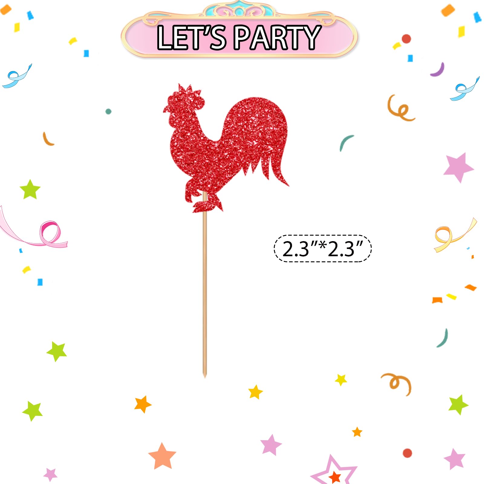 24pcs Rooster Cupcake Toppers, Farm Animal Cupcake Toppers, Red Glitter Farmhouse Rooster Cupcake Picks, Farmer Birthday/Rooster Animal Themed Baby Shower Party Supplies