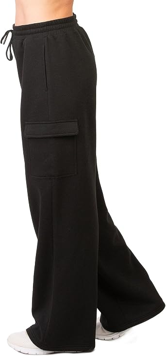 Sofra Women's Fleece Wide Leg Cargo Pants with Pockets