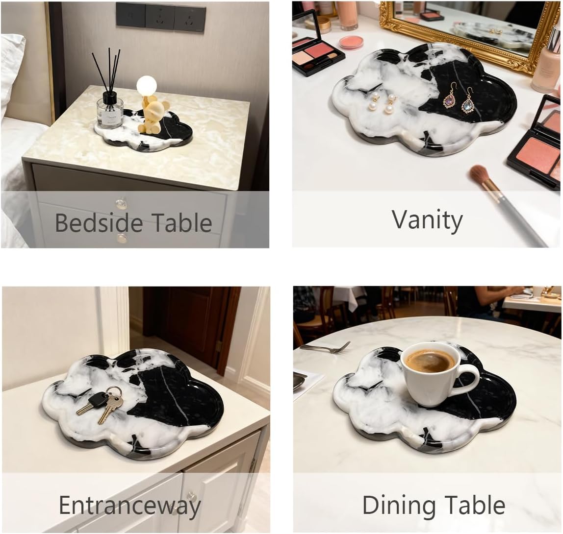 Natural Marble Tray Cloud Shape Vanity Trays, Jewelry Trays Holder Dish for Bathroom Countertop Home Decor Gift Black-White image 4