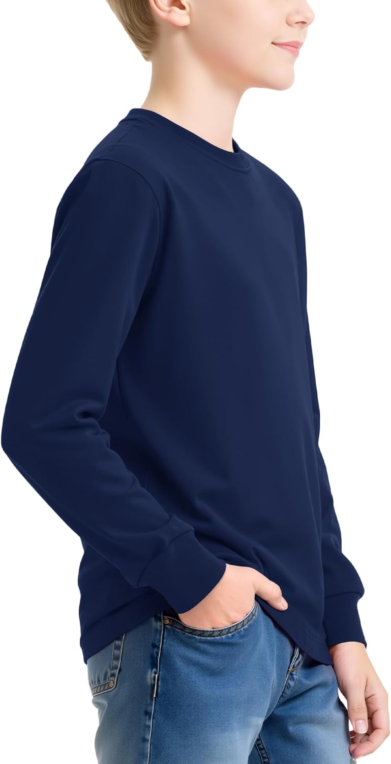 Auranso Boys Long Sleeve Shirts Crewneck Cotton Kids T-Shirts Solid Color Basic Tee Tops - Image 2