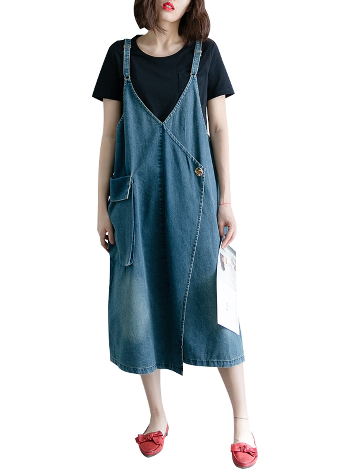Mujeres Verano Grandes Bolsillos Vestidos de Jeans Vestido de Denim