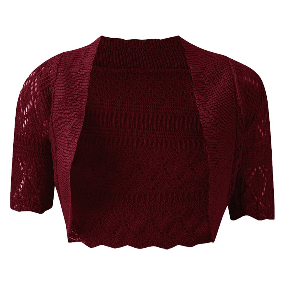 Doll-Up Women's Wine New Knitted Bolero Short Sleeve Cardigan Crochet Shrug (Medium(Uk12-14)(Us8-10)(Eu40-42), )