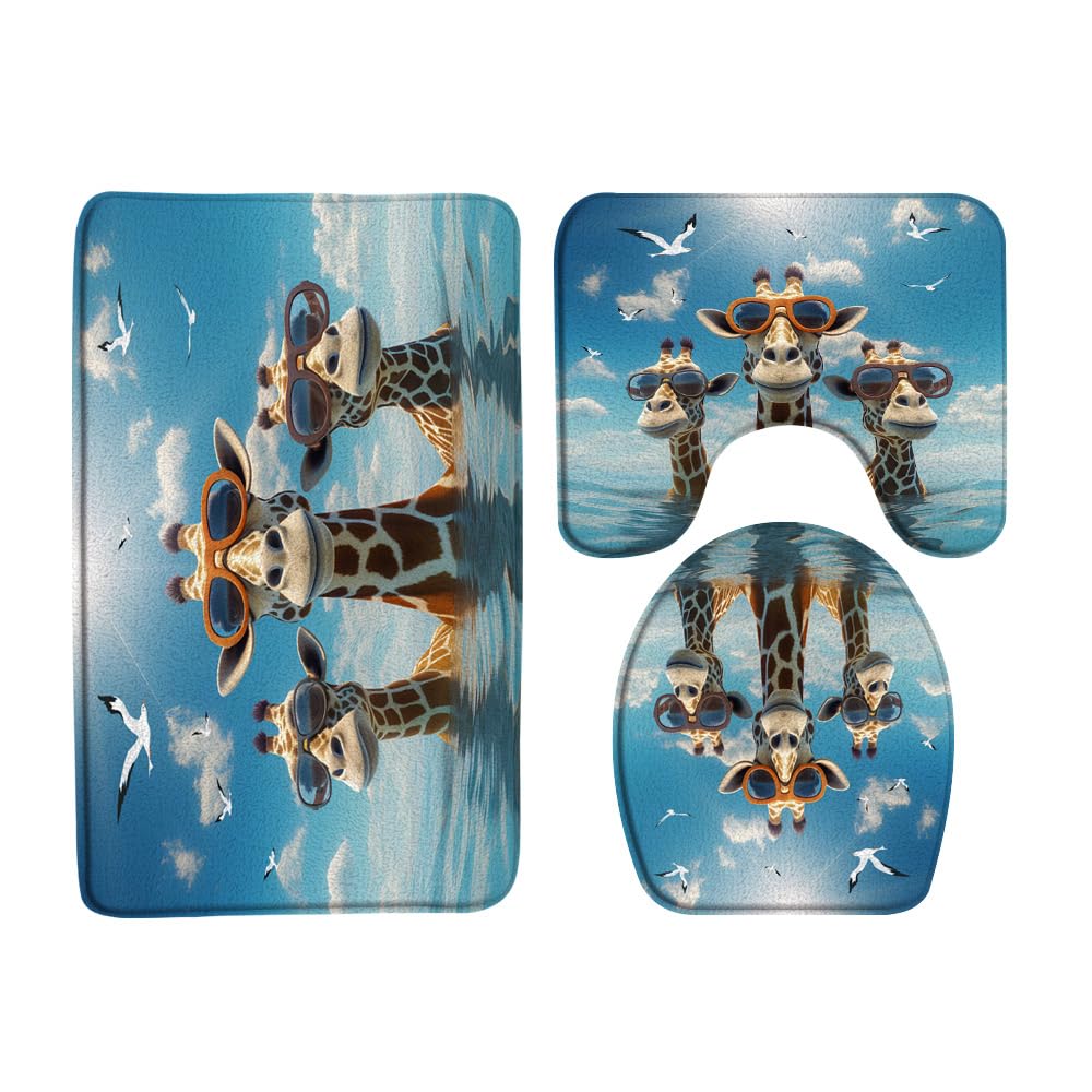 3PCS Funny Giraffe Bath Mat Set Cute Animal Wearing Glasses in Ocean Seagull Sun Blue Sky Wildlife Bathroom Kitchen Floor Mat Doormat,Toilet Lid Cover and Bath Mat Microfiber Home Decoration Rug