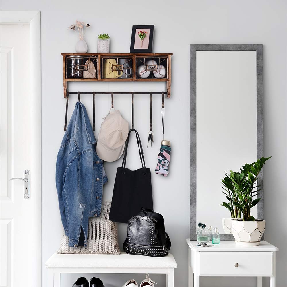 Rustic Wall Mounted Shelf with Hooks, Wood Coat Rack Wall Mount Shelf with Baskets, Wall Coffee Bar Shelf Entryway Organizer Shelf for Coats, Coffee Mugs, Hats (Brown)