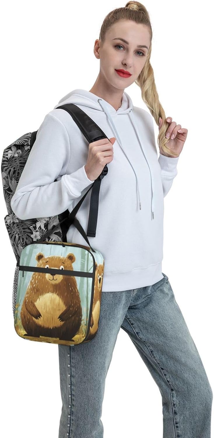 Cute Cartoon Bear Insulated Lunch Bag for Women Men Playful Wildlife Lunch Bag for Work,Picnic,Travel,Hiking,Beach or Fishing Polyester Lunch Box