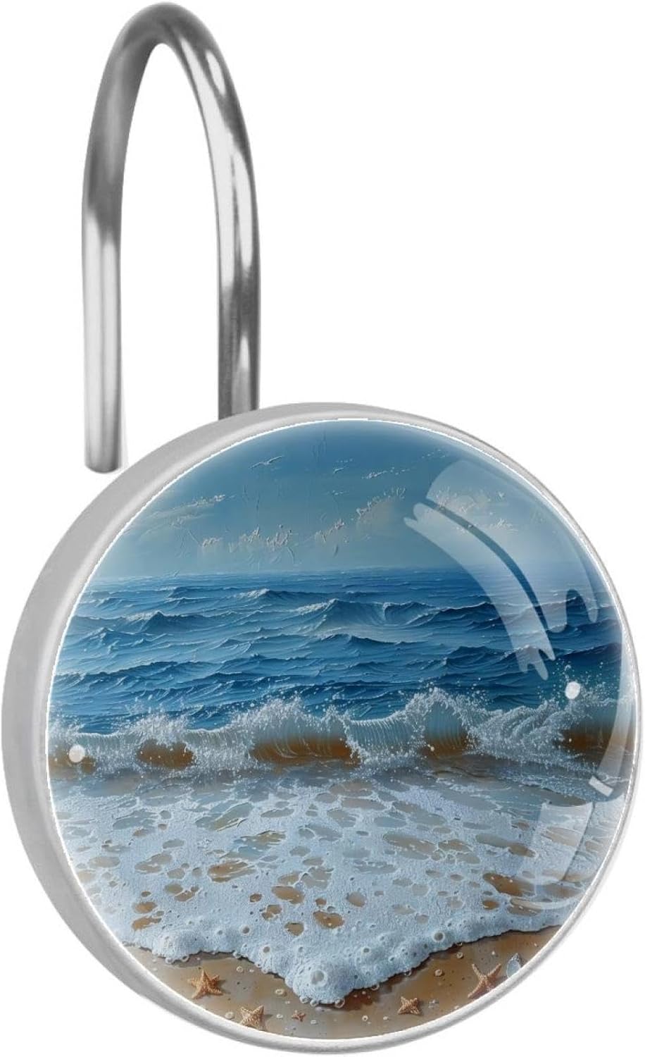 Round Crystal Glass Shower Curtain Hooks, 12-Piece Stainless Steel Set, Bedroom and Room Decorative Options, Sea Beach Shells Starfish
