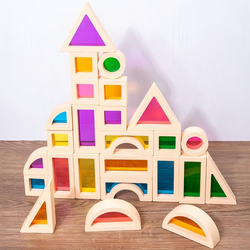 Rainbow Acrylic Blocks 25 PCS, Translucent Light Table Building Set, Montessori Sensory Toys for Toddlers 1-3, Preschool Educational Stacking Gifts for Boys Girls