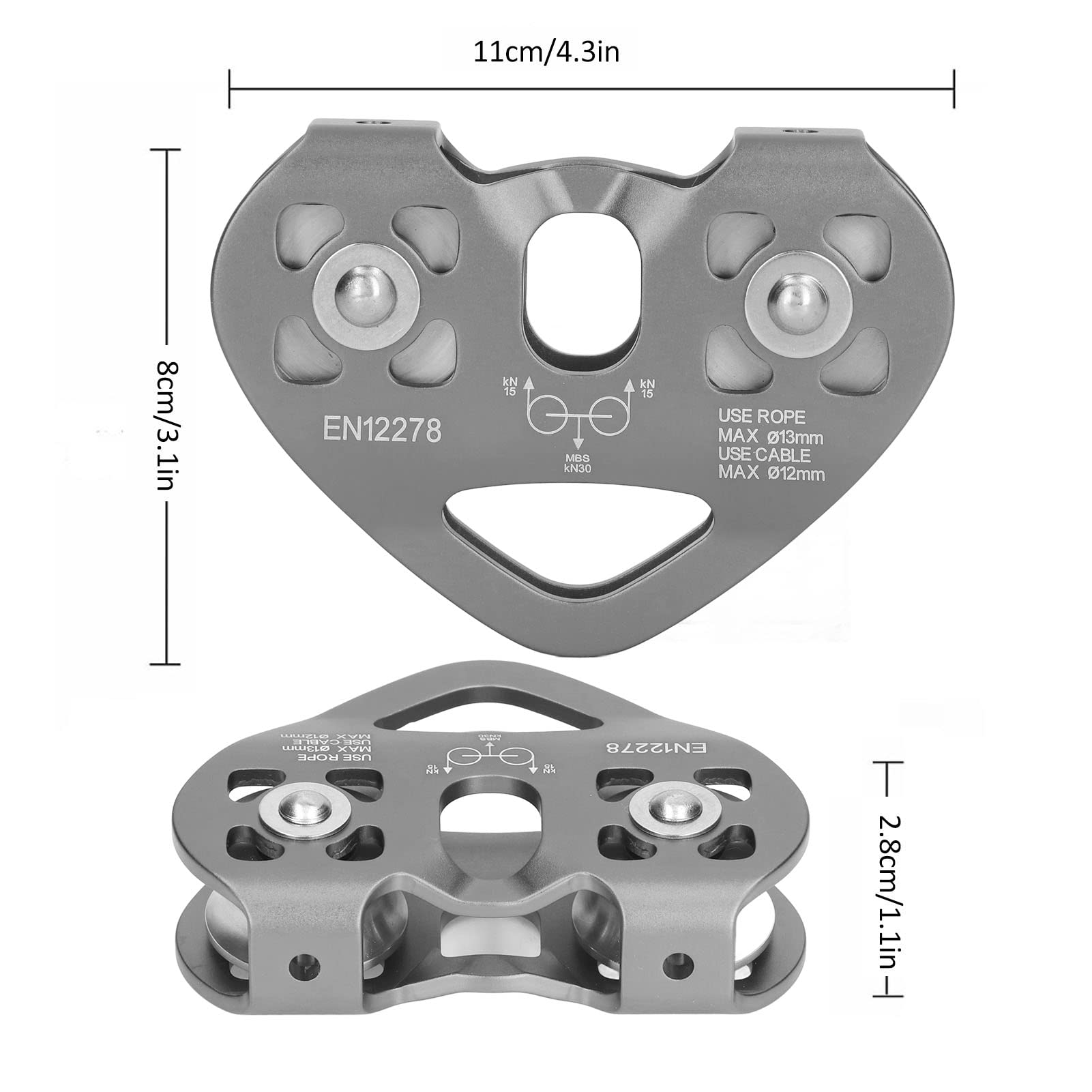 QANYEGN Outdoor Climbing Pulley Block, Aluminum Rope Pulley, Double Pulley Swing Plate for Mountaineering Supplies (Gray)