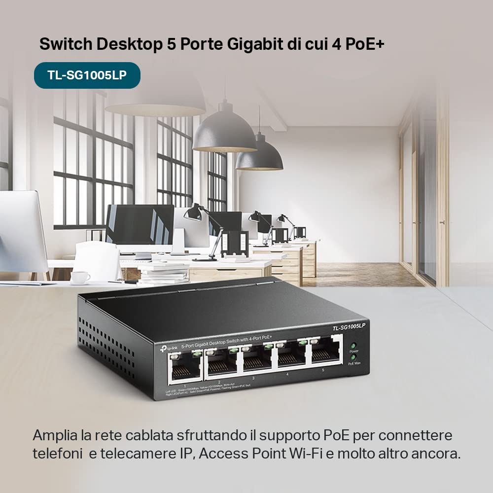 TP-Link TL-SG1005LP Switch Gigabit Ethernet 5 Porte con 4 Porte PoE Fino a 40 W, 5 Porte Gigabit, PoE+, 802.3af/at, Ideale per la Casa e il Ufficio, Sdoppiatore Ethernet, Plug&Play, Montaggio Desktop