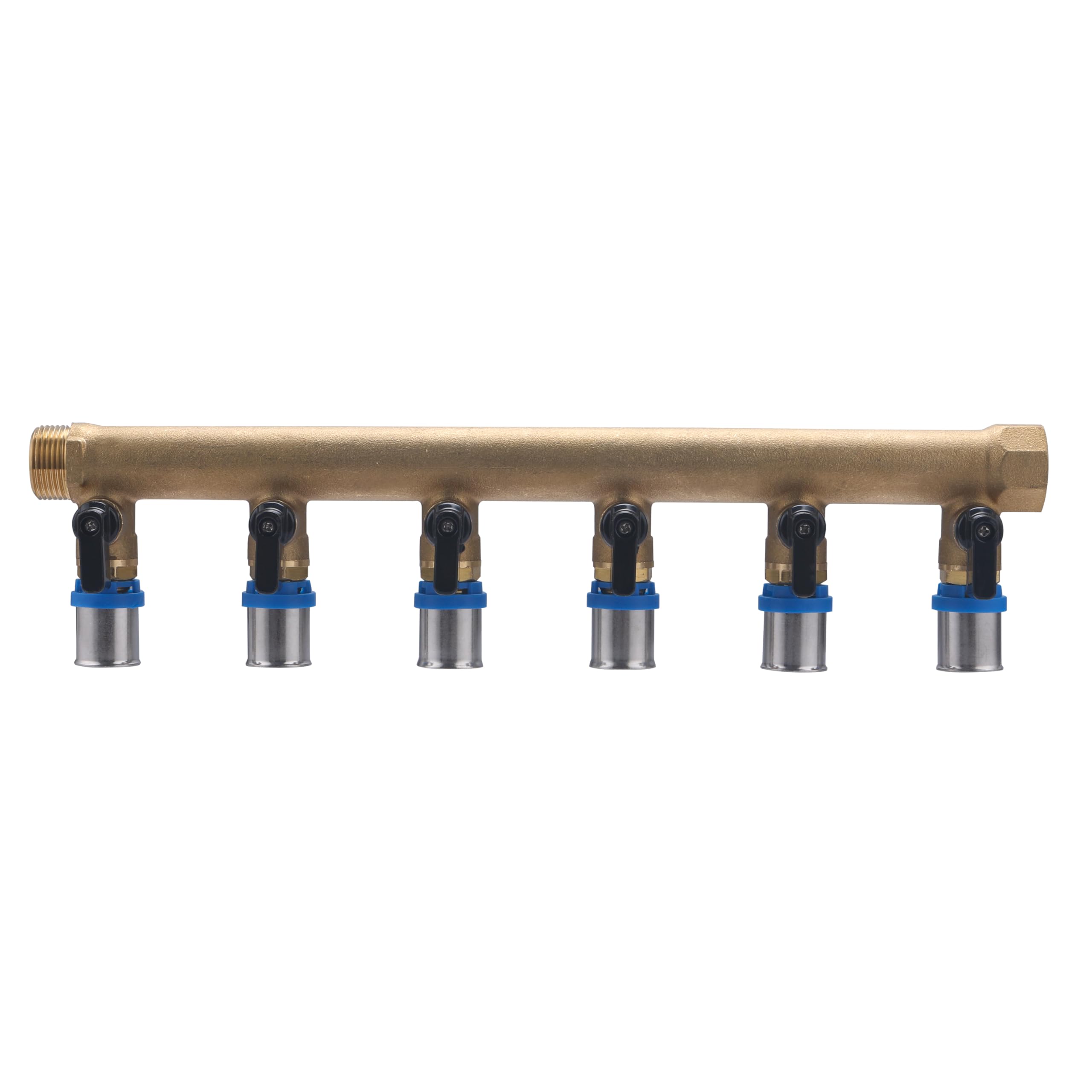 Colector macho-hembra 3/4 con 6 salidas multicapa a prensar Ø20 y válvulas | Latón | Conexión segura, duradera y precisa | Ideal para fontanería | Fácil instalación | QUICK PLOMBERIE