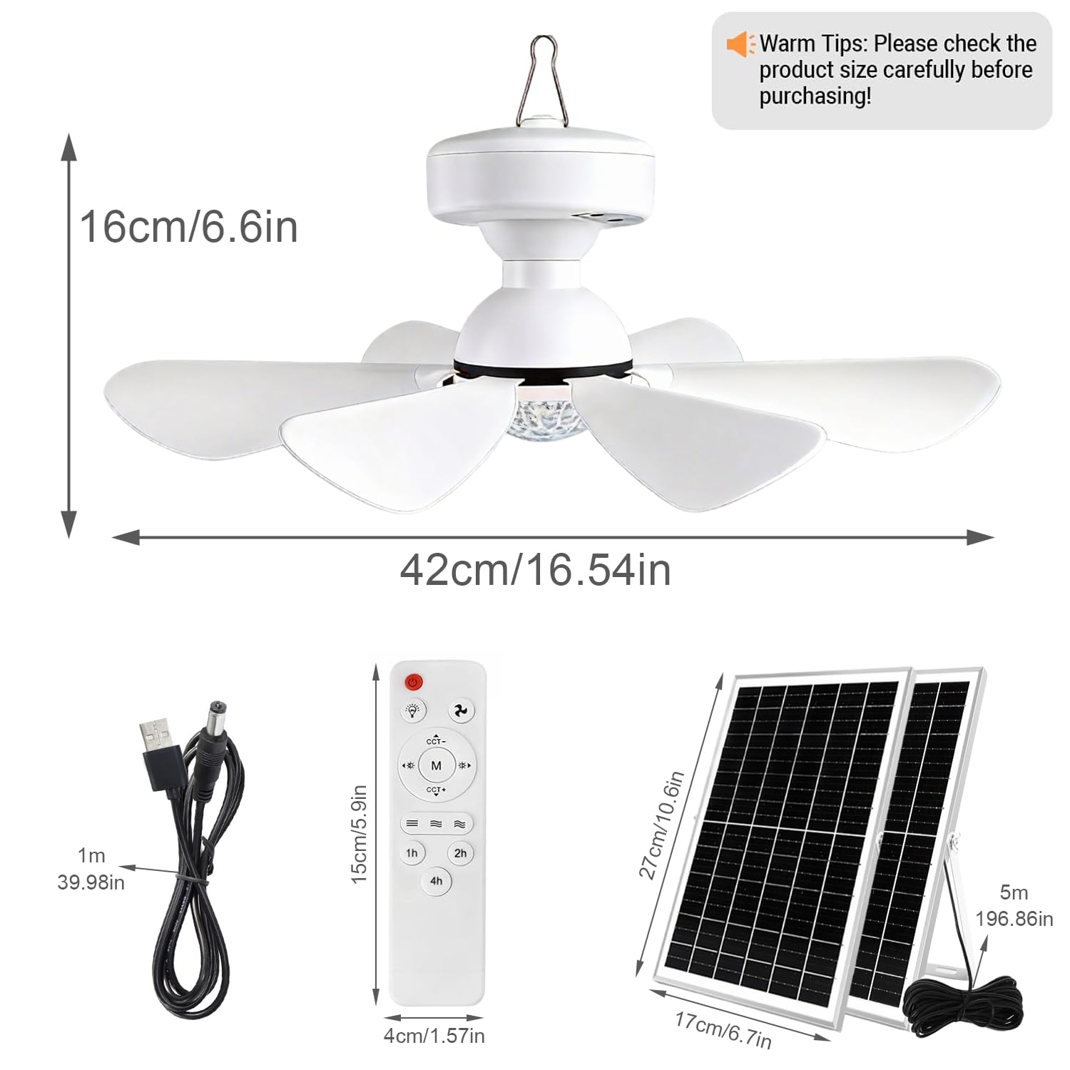 KZT Ventilatore solare da soffitto con illuminazione e telecomando, LED dimmerabile, lampada da soffitto a tre velocità, luce regolabile per esterni, giardino, gazebo, campeggio