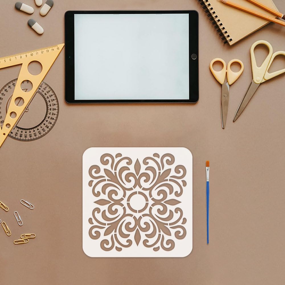 FINGERINSPIRE 16PCS Mandala Tiles Painting Stencil 7.9x7.9inch with a Brush Mandala Stencils Set Reusable PET Drawing Template for Walls Wood Floors Furniture DIY Crafts Home Decor