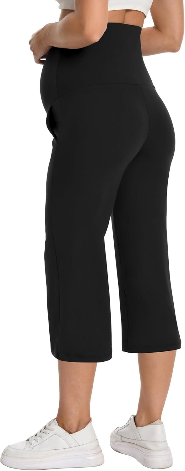 Foucome Maternity Capris Wide Leg Cropped Yoga Pants Summer Loose Casual Pregnancy Pants with Pockets (Black, M) - Image 3