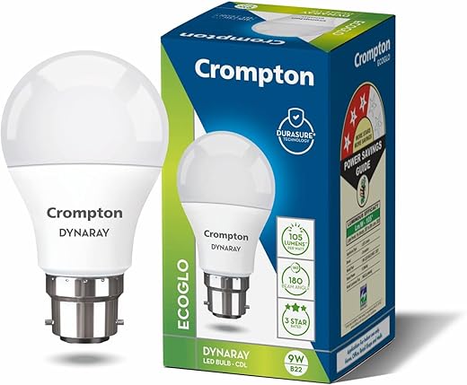 Crompton Dyna Ray LED Bulb | 9W | Cool Day Light | B22 LED | 180 Degree Coverage | 4kV Surge Protection | 440V High Voltage Protection | Pack of 1