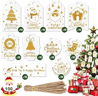 Christmas Tags for Present, 100 Pcs Gold Foil Christmas Tags for Gift with Jute String, Small Xmas Kraft Paper Gift Tags Hanging Tags Labels for Presents Wrapping Crafts